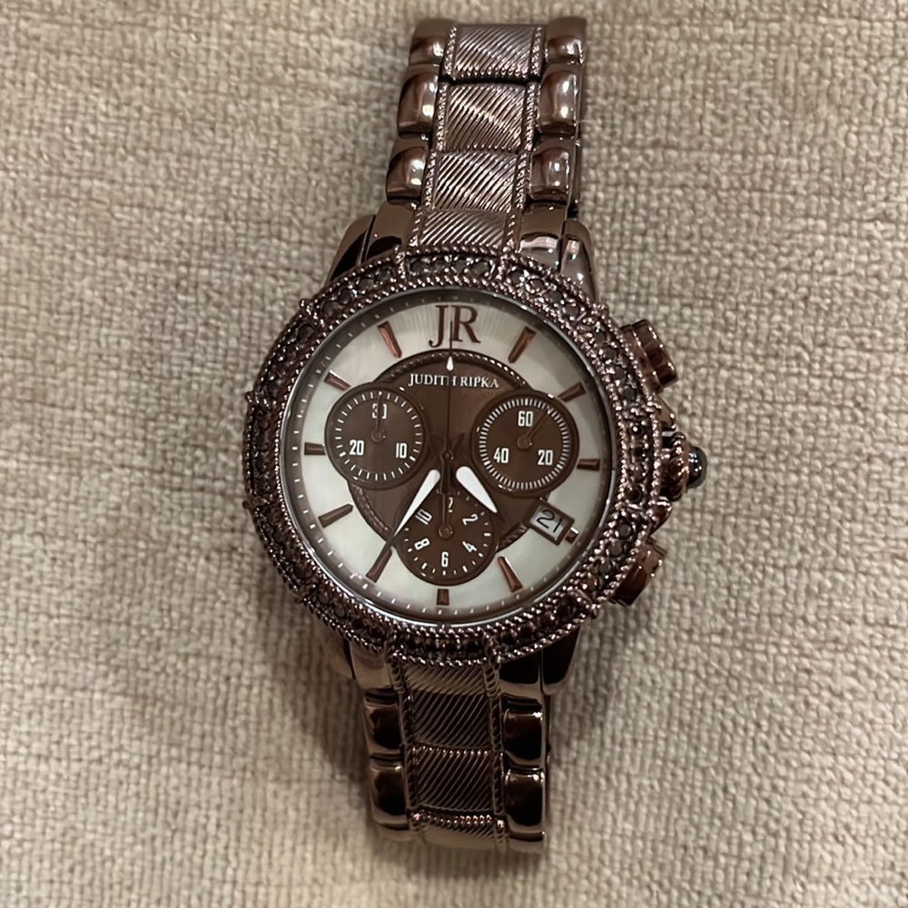 NWOT Judith Ripka Stainless Steel Chocolate Brown Chronograph Watch New Battery - Picture 3 of 10